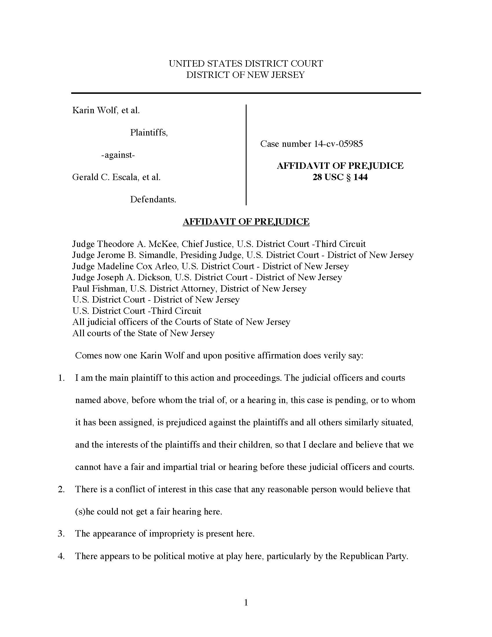 Karin Wolf files Affidavit of Prejudice in U.S. District Court, October 1, 2015 » The ...1700 x 2200